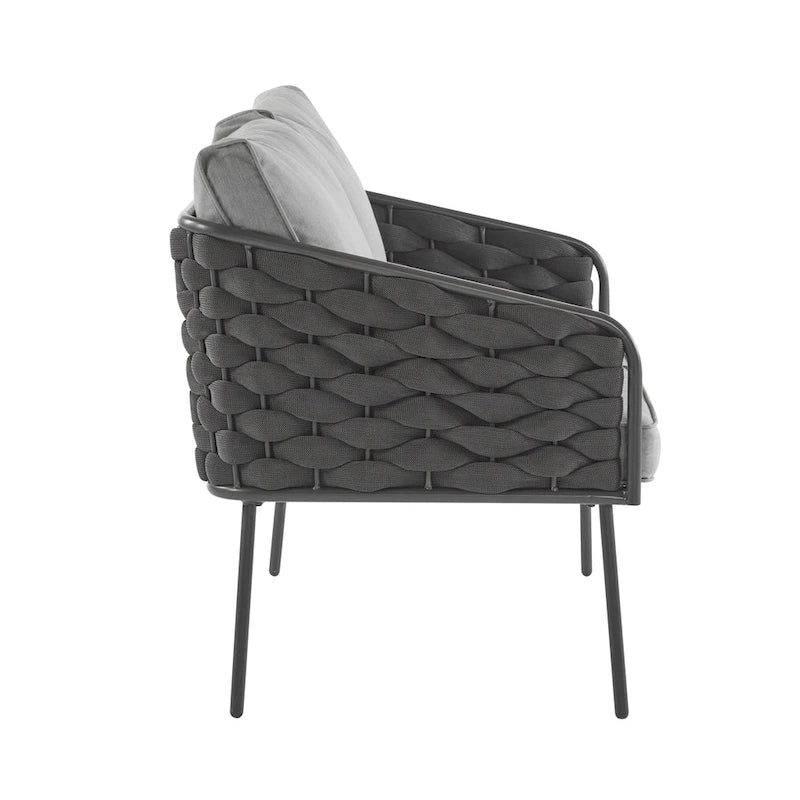 4 Piece Outdoor Conversation Furniture Set, Patio Rope Weaving Sofa Set with Waterproof Cushion and Coffee Tabl