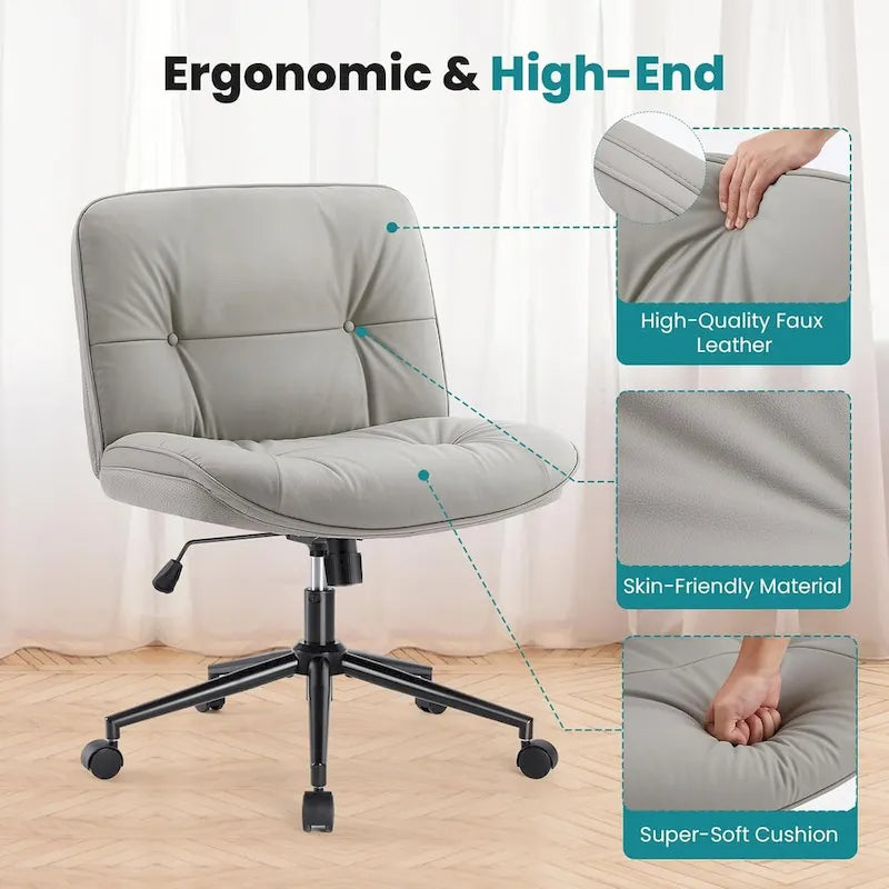 PU Leather Swivel Office Chair – Khaki / Beige / Black, Criss-Cross Base, Single User