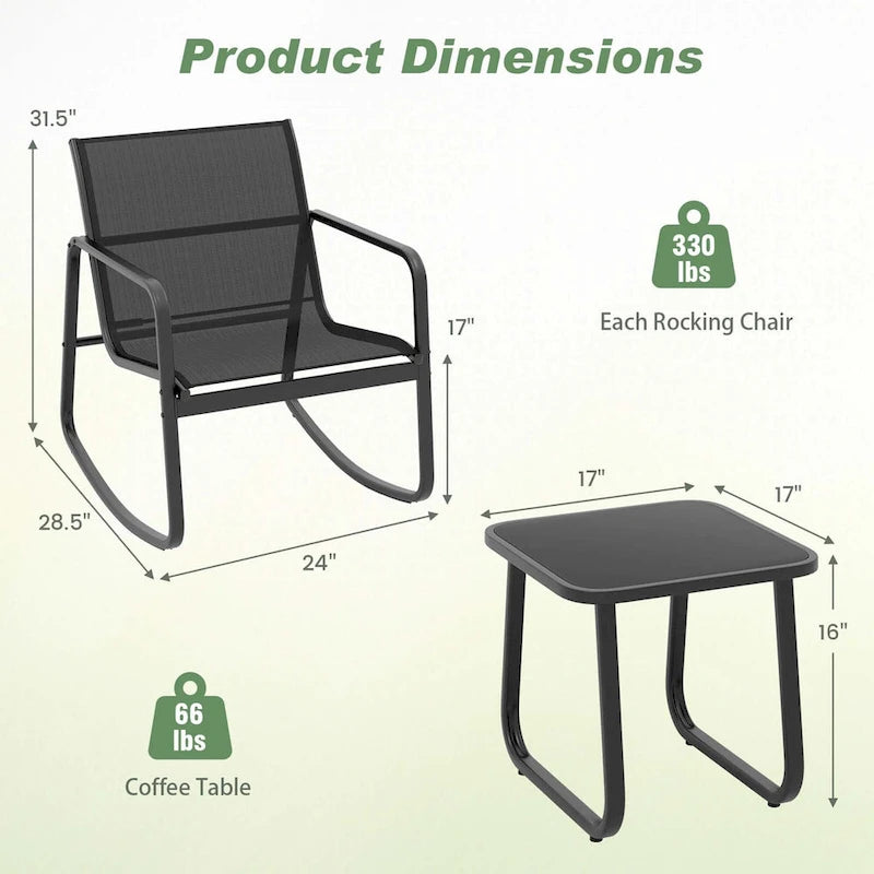 Costway 3 Piece Patio Rocking Set 2 Rocking Bistro Chairs & Glass-Top - See Details