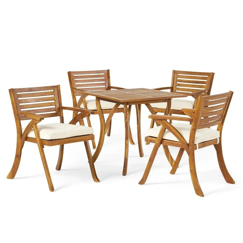5-Piece Outdoor Acacia Wood Dining Set with Square Table and 4 Cushioned Chair