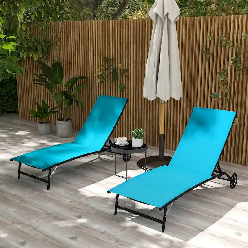 Outdoor 2 Piece Chaise Lounge with Wheels, Tanning Chair with 5 Adjustable Positions for Patio, Beach, Yard, Pool
