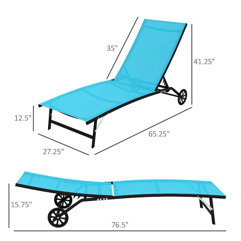 Outdoor 2 Piece Chaise Lounge with Wheels, Tanning Chair with 5 Adjustable Positions for Patio, Beach, Yard, Pool