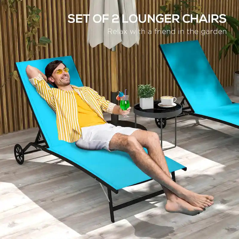 Outdoor 2 Piece Chaise Lounge with Wheels, Tanning Chair with 5 Adjustable Positions for Patio, Beach, Yard, Pool