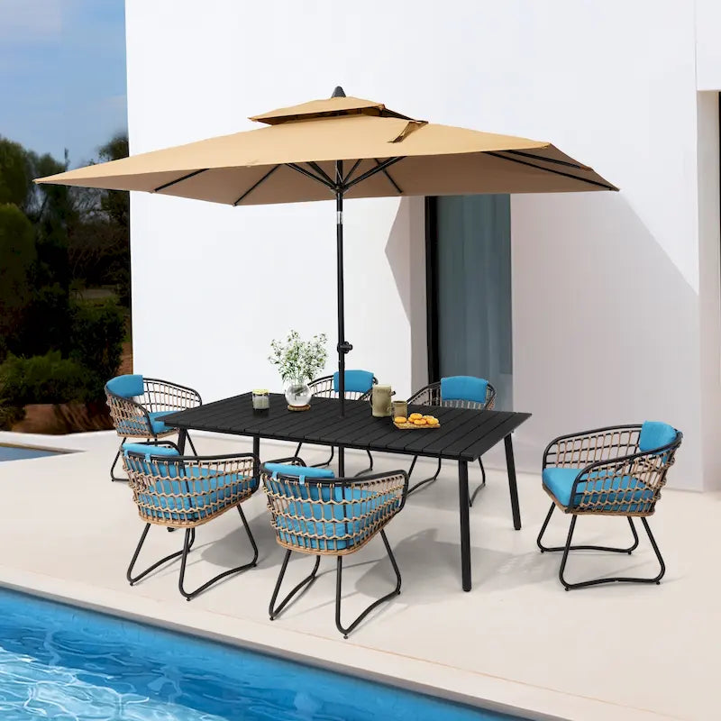 Outdoor 7 PC- Patio Rectangular Aluminum Dining Table Set with Umbrella Hole with Rattan Chair
