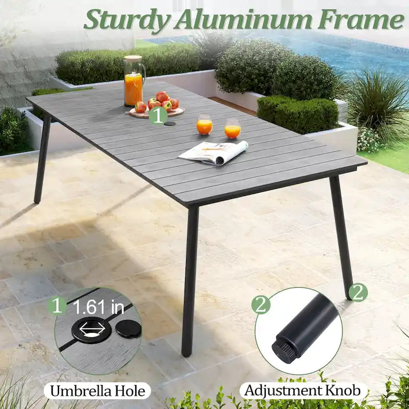 Outdoor 7 PC- Patio Rectangular Aluminum Dining Table Set with Umbrella Hole with Rattan Chair