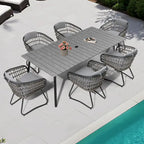 Outdoor 7 PC- Patio Rectangular Aluminum Dining Table Set with Umbrella Hole with Rattan Chair