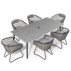 Outdoor 7 PC- Patio Rectangular Aluminum Dining Table Set with Umbrella Hole with Rattan Chair