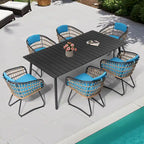 Outdoor 7 PC- Patio Rectangular Aluminum Dining Table Set with Umbrella Hole with Rattan Chair