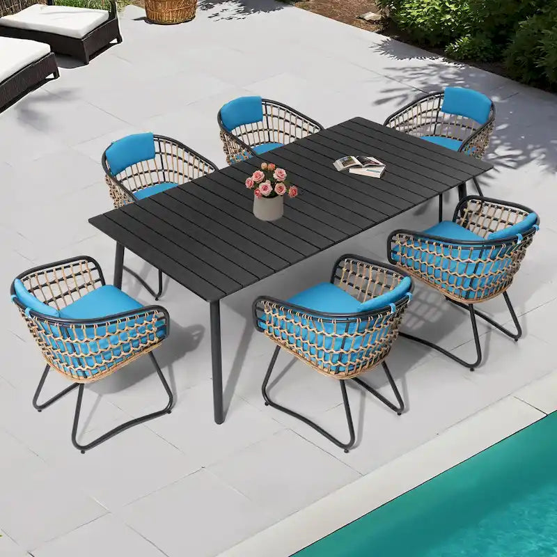 Outdoor 7 PC- Patio Rectangular Aluminum Dining Table Set with Umbrella Hole with Rattan Chair