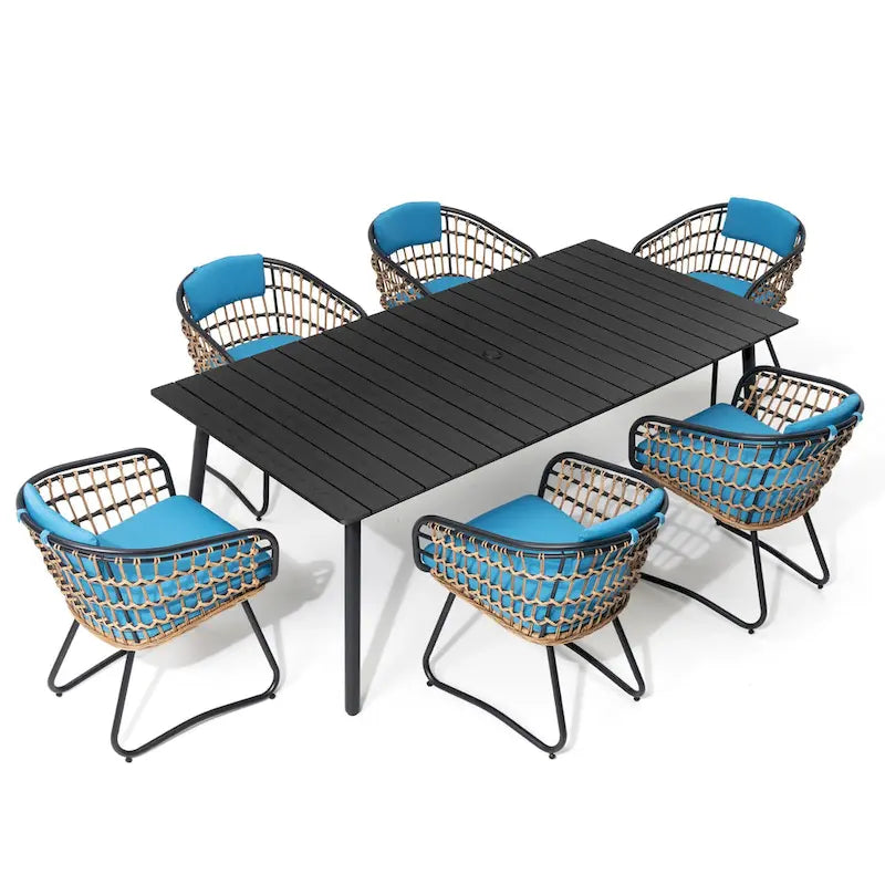Outdoor 7 PC- Patio Rectangular Aluminum Dining Table Set with Umbrella Hole with Rattan Chair