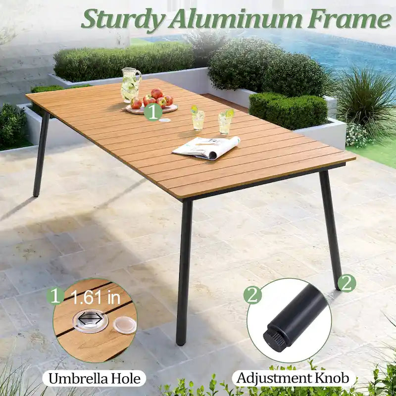Outdoor 7 PC- Patio Rectangular Aluminum Dining Table Set with Umbrella Hole with Rattan Chair