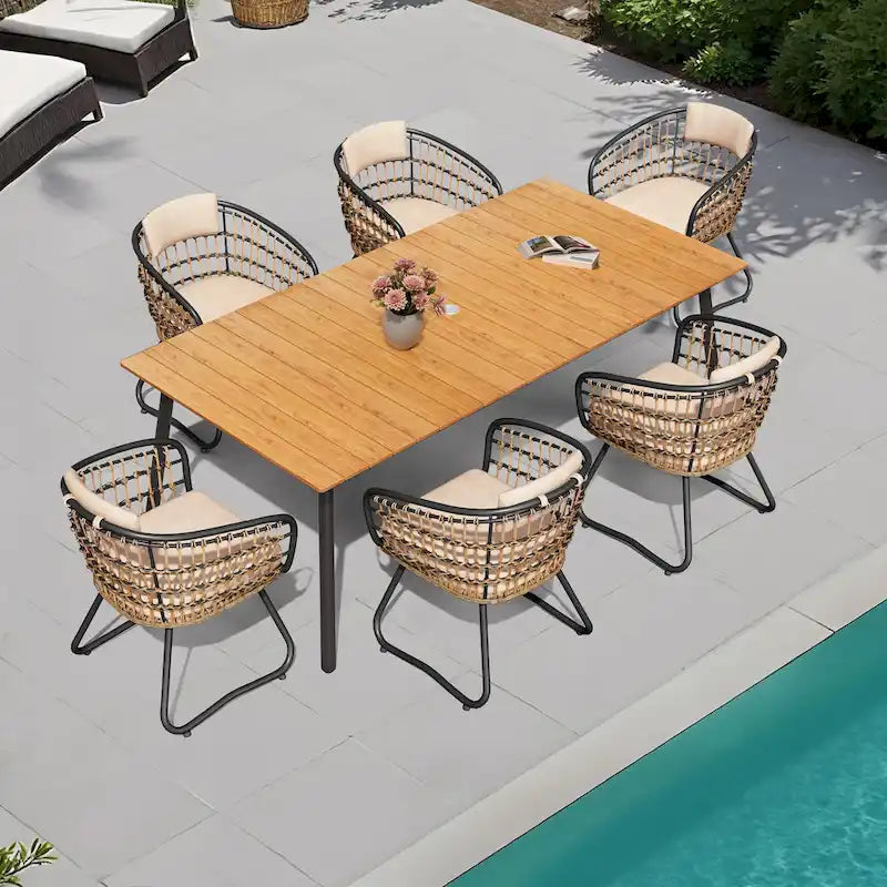 Outdoor 7 PC- Patio Rectangular Aluminum Dining Table Set with Umbrella Hole with Rattan Chair