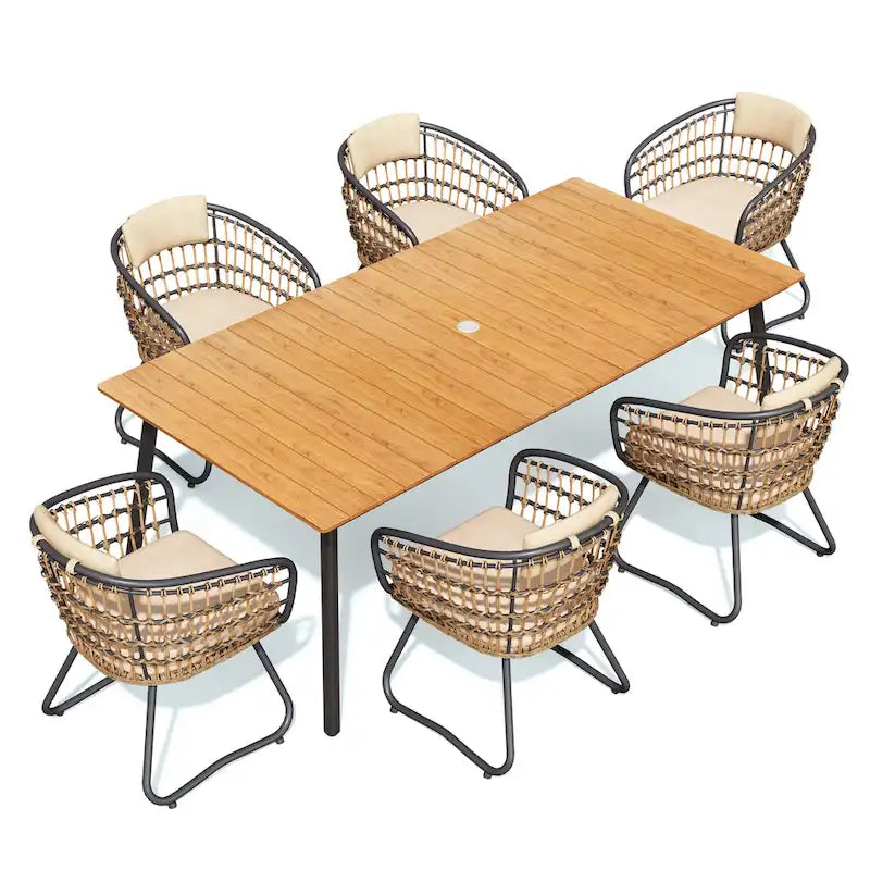 Outdoor 7 PC- Patio Rectangular Aluminum Dining Table Set with Umbrella Hole with Rattan Chair