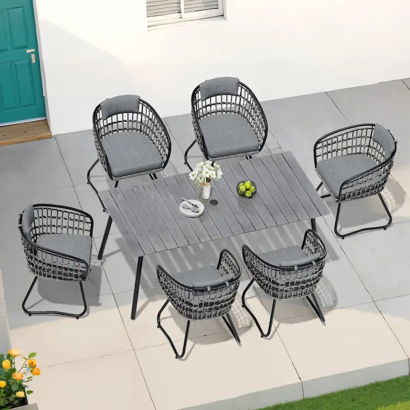 7-Piece Set Outdoor Patio Aluminum Dining Table and PE Rattan Wicker Dining Chairs