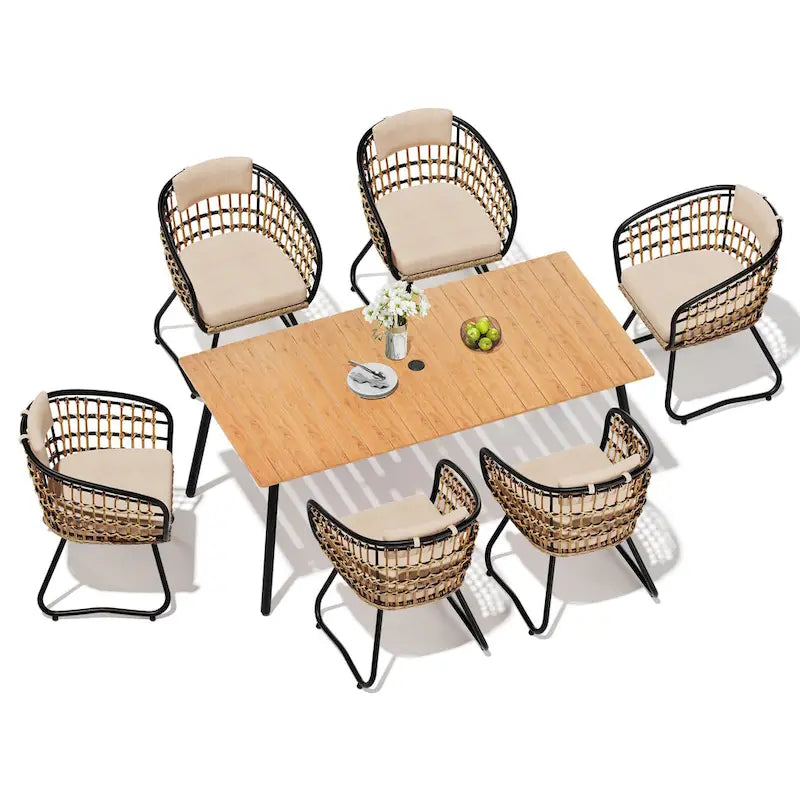 7-Piece Set Outdoor Patio Aluminum Dining Table and PE Rattan Wicker Dining Chairs