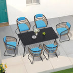 7-Piece Set Outdoor Patio Aluminum Dining Table and PE Rattan Wicker Dining Chairs