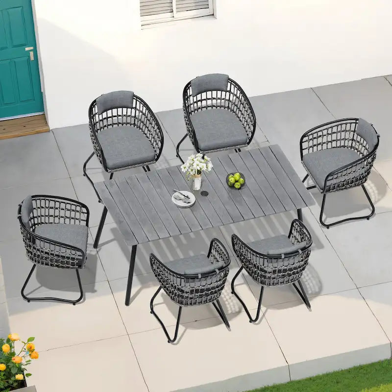 7-Piece Set Outdoor Patio Aluminum Dining Table and PE Rattan Wicker Dining Chairs