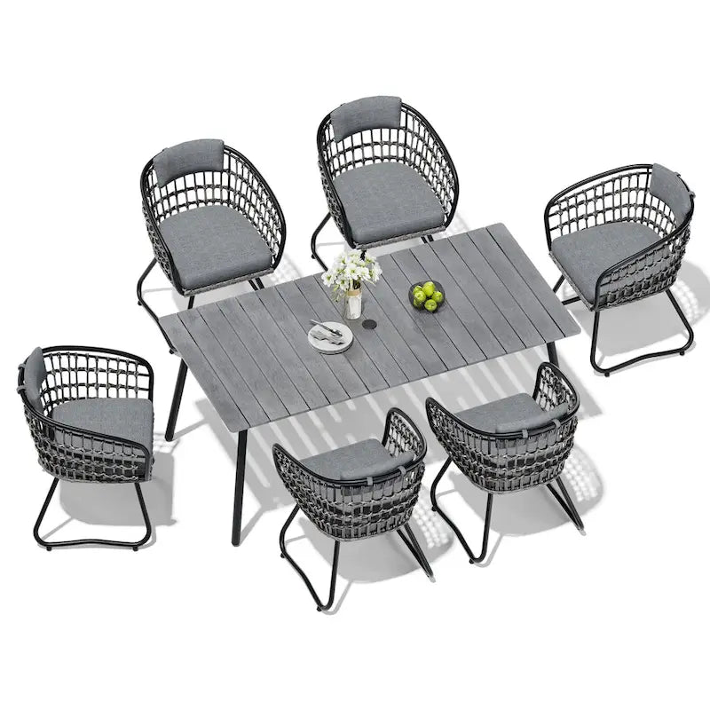 7-Piece Set Outdoor Patio Aluminum Dining Table and PE Rattan Wicker Dining Chairs