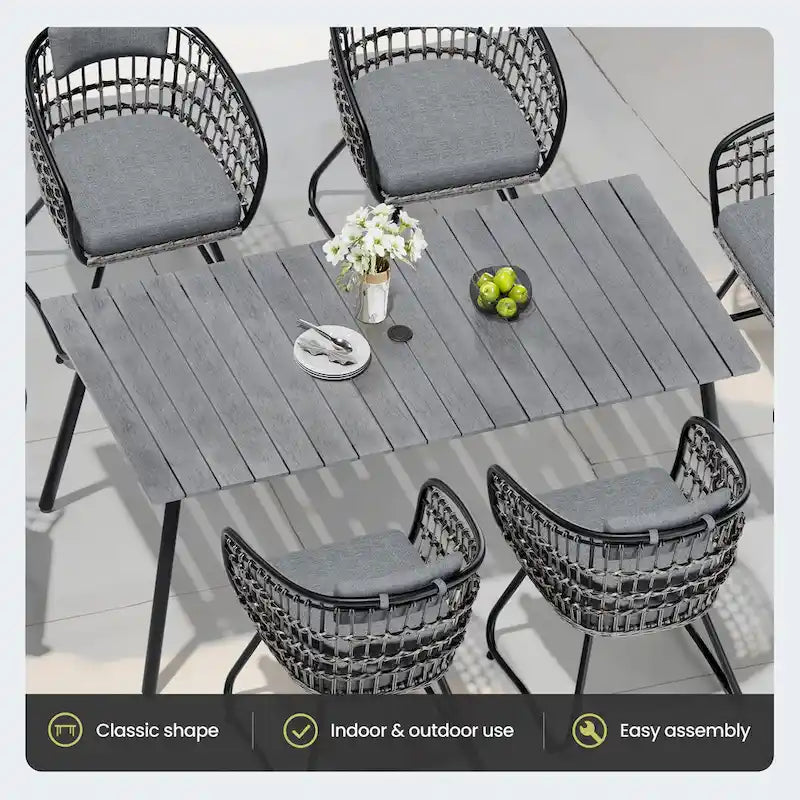 7-Piece Set Outdoor Patio Aluminum Dining Table and PE Rattan Wicker Dining Chairs