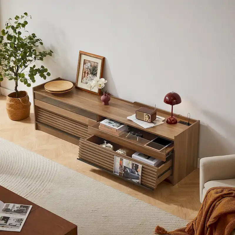 TV Stand with 4 Drawers, Charging Ports & LED Lighting – Walnut / Espresso / Black, Modern Style