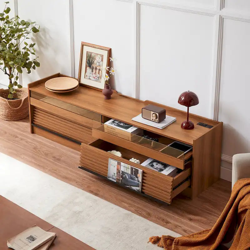 TV Stand with 4 Drawers, Charging Ports & LED Lighting – Walnut / Espresso / Black, Modern Style