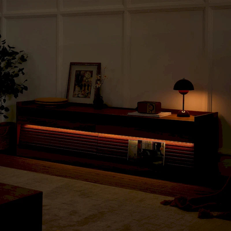 TV Stand with 4 Drawers, Charging Ports & LED Lighting – Walnut / Espresso / Black, Modern Style
