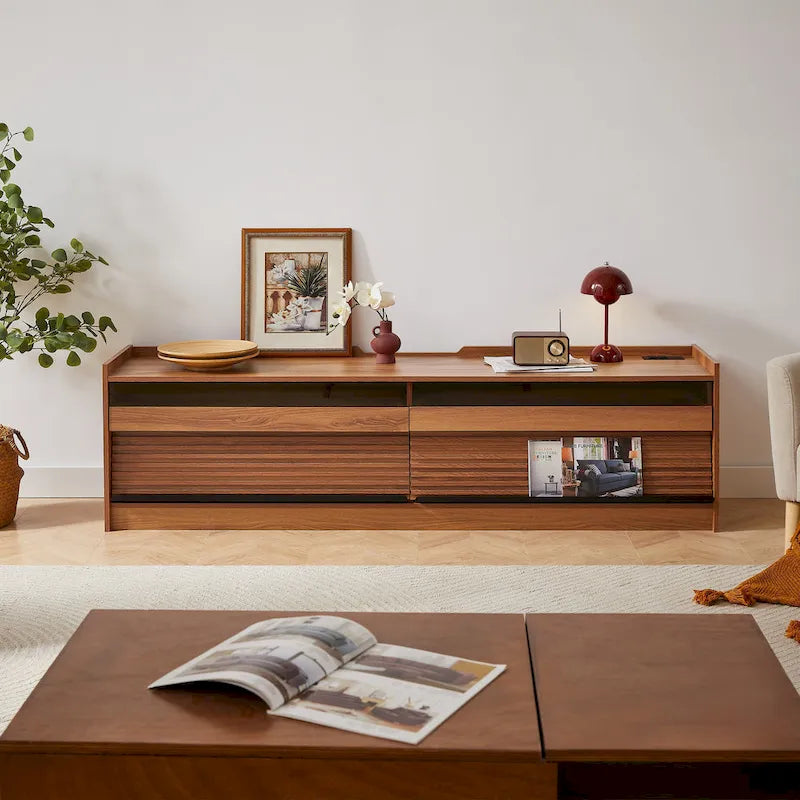 TV Stand with 4 Drawers, Charging Ports & LED Lighting – Walnut / Espresso / Black, Modern Style