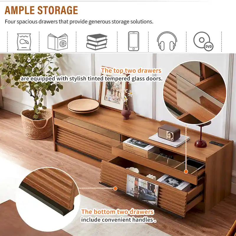 TV Stand with 4 Drawers, Charging Ports & LED Lighting – Walnut / Espresso / Black, Modern Style