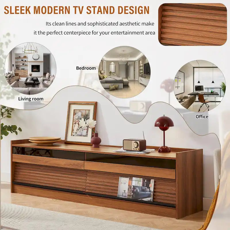 TV Stand with 4 Drawers, Charging Ports & LED Lighting – Walnut / Espresso / Black, Modern Style