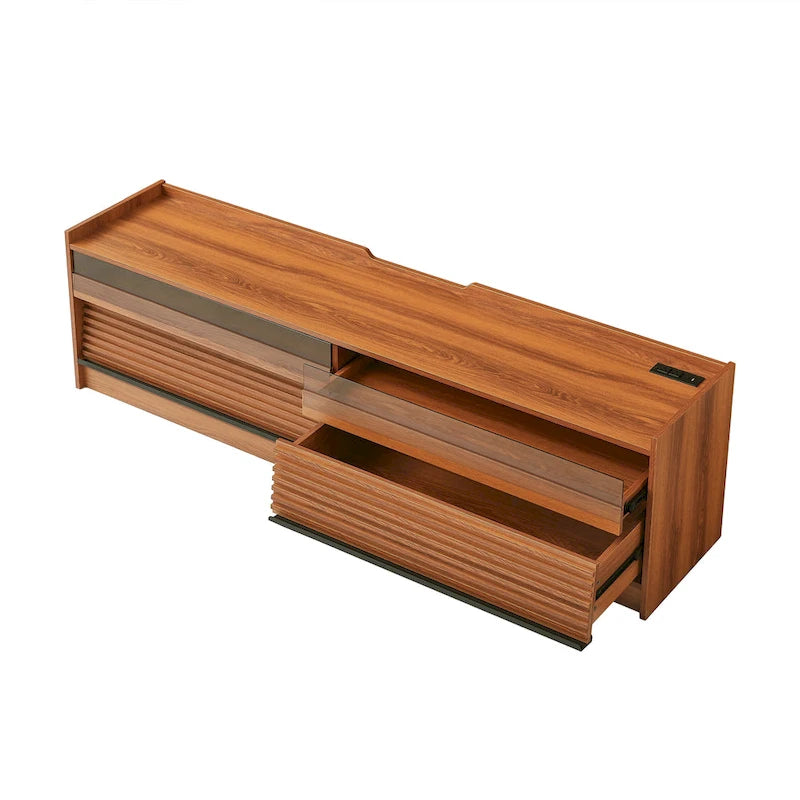 TV Stand with 4 Drawers, Charging Ports & LED Lighting – Walnut / Espresso / Black, Modern Style