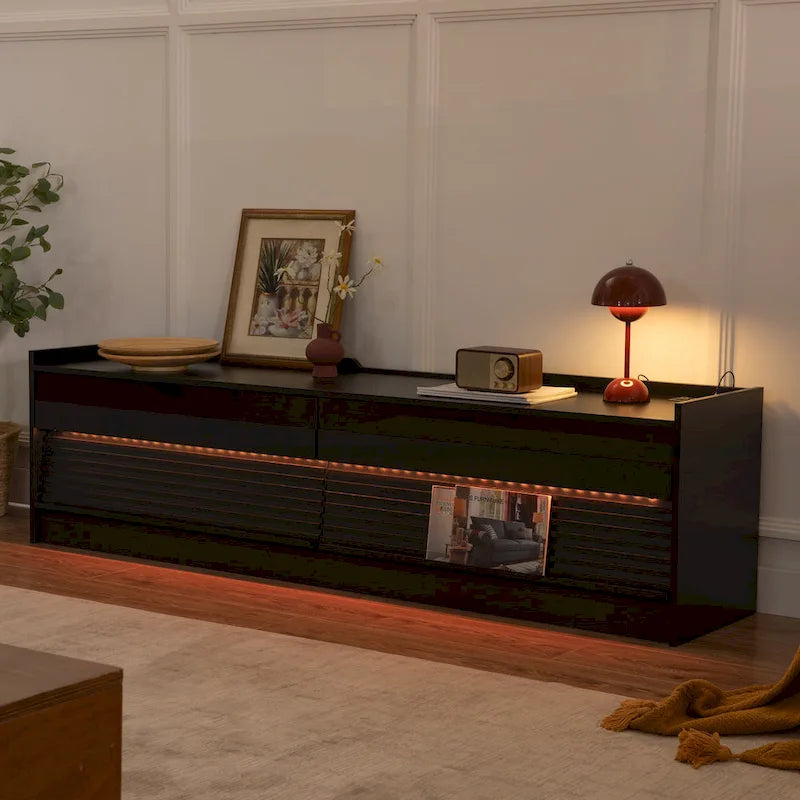 TV Stand with 4 Drawers, Charging Ports & LED Lighting – Walnut / Espresso / Black, Modern Style