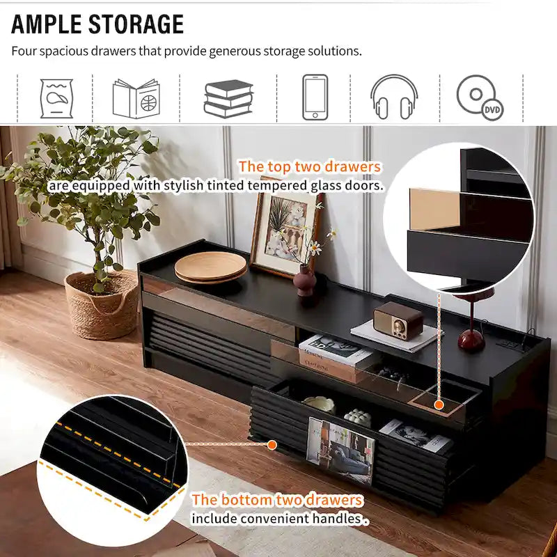 TV Stand with 4 Drawers, Charging Ports & LED Lighting – Walnut / Espresso / Black, Modern Style
