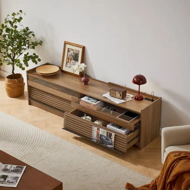 TV Stand with 4 Drawers, Charging Ports & LED Lighting – Walnut / Espresso / Black, Modern Style