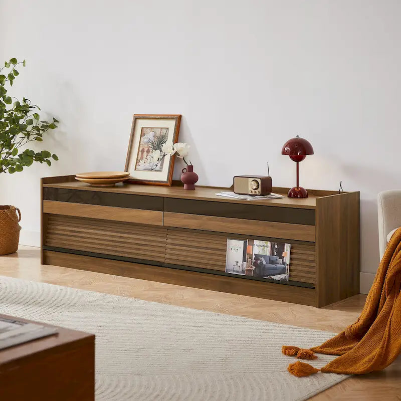 TV Stand with 4 Drawers, Charging Ports & LED Lighting – Walnut / Espresso / Black, Modern Style