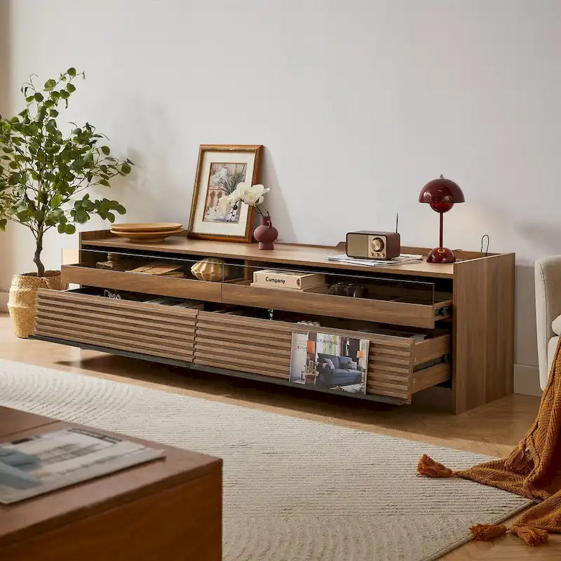 TV Stand with 4 Drawers, Charging Ports & LED Lighting – Walnut / Espresso / Black, Modern Style