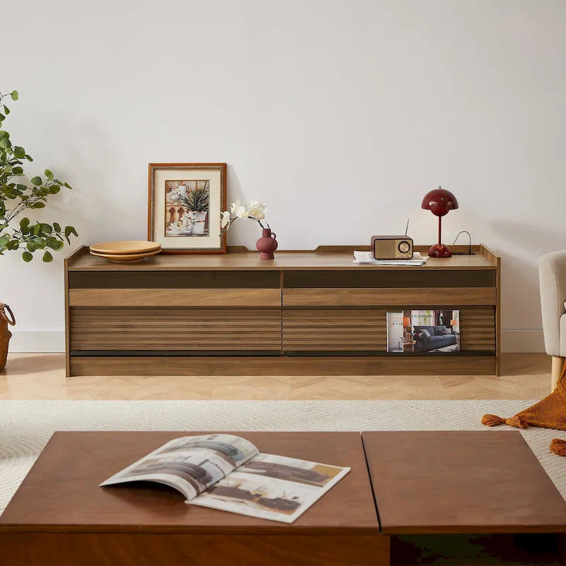 TV Stand with 4 Drawers, Charging Ports & LED Lighting – Walnut / Espresso / Black, Modern Style