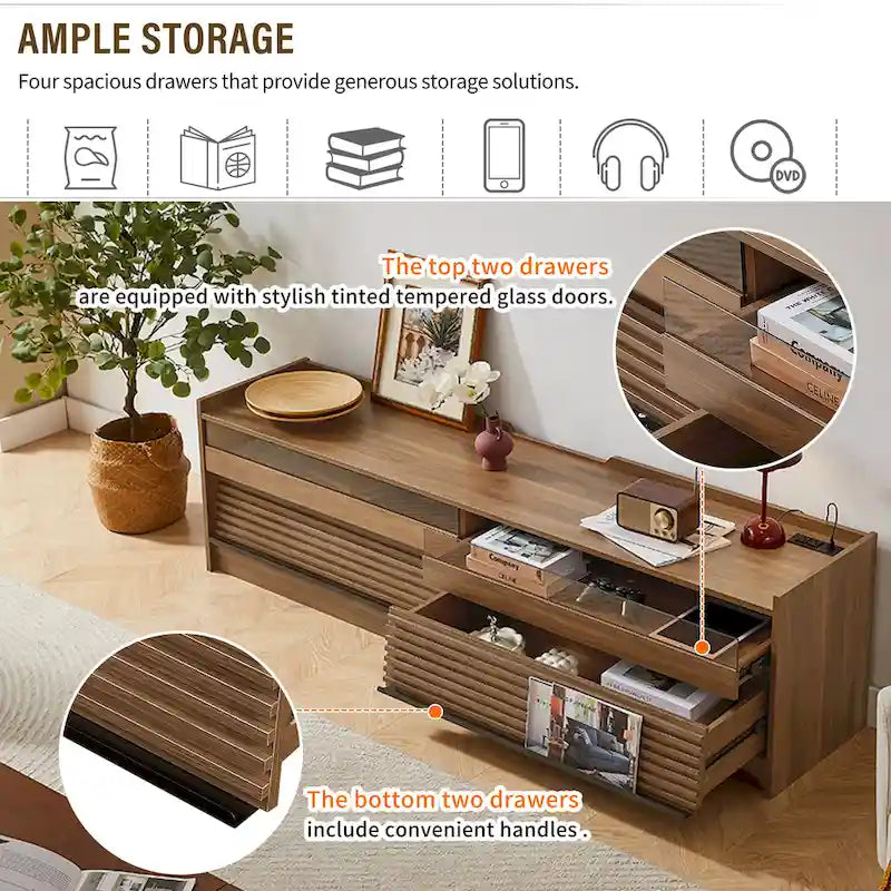 TV Stand with 4 Drawers, Charging Ports & LED Lighting – Walnut / Espresso / Black, Modern Style