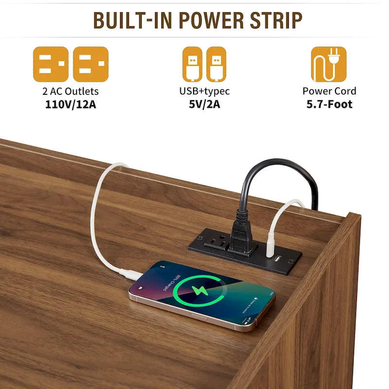 TV Stand with 4 Drawers, Charging Ports & LED Lighting – Walnut / Espresso / Black, Modern Style
