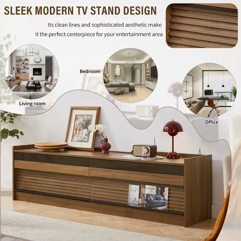 TV Stand with 4 Drawers, Charging Ports & LED Lighting – Walnut / Espresso / Black, Modern Style