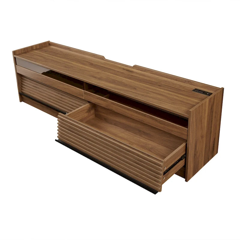 TV Stand with 4 Drawers, Charging Ports & LED Lighting – Walnut / Espresso / Black, Modern Style