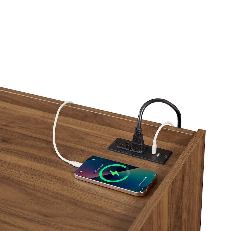 TV Stand with 4 Drawers, Charging Ports & LED Lighting – Walnut / Espresso / Black, Modern Style