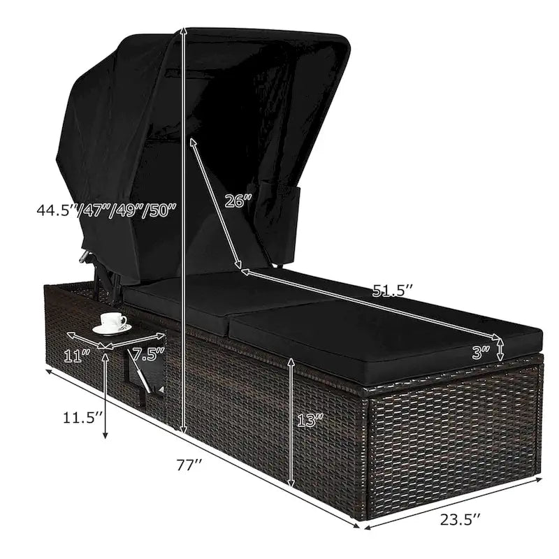 Gymax Rattan Patio Chaise Lounge Chair W/ Adjustable Canopy Black
