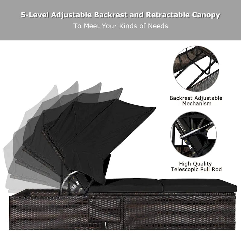 Gymax Rattan Patio Chaise Lounge Chair W/ Adjustable Canopy Black