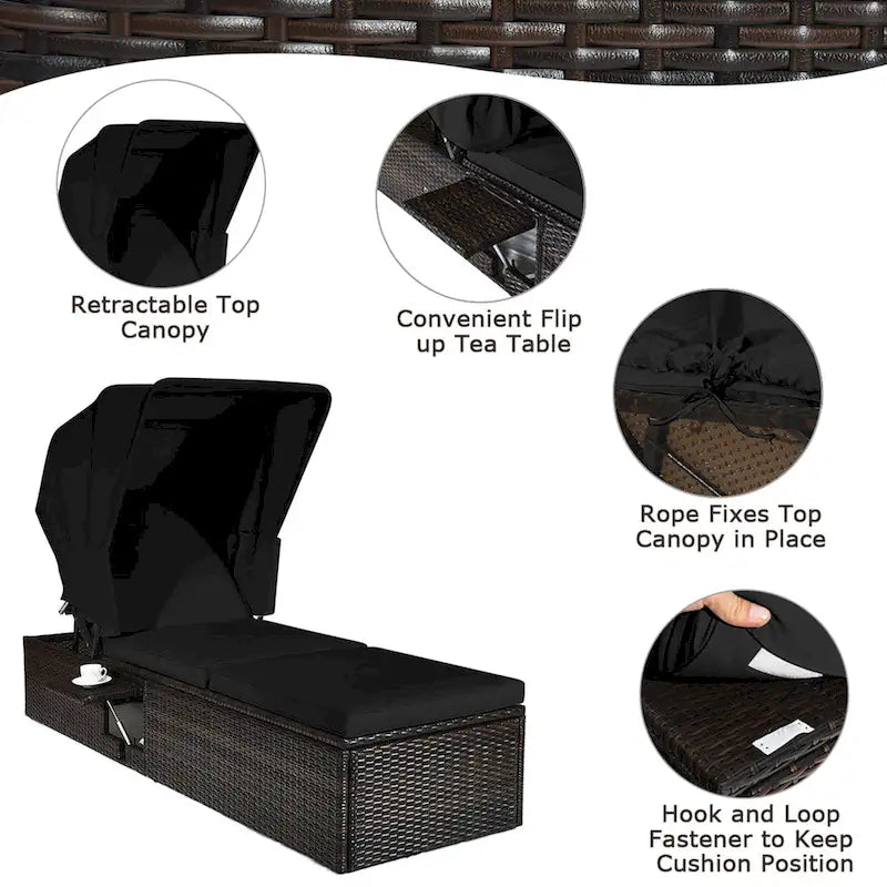 Gymax Rattan Patio Chaise Lounge Chair W/ Adjustable Canopy Black