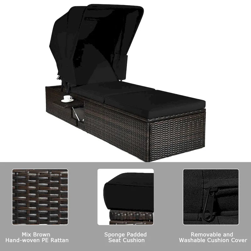 Gymax Rattan Patio Chaise Lounge Chair W/ Adjustable Canopy Black