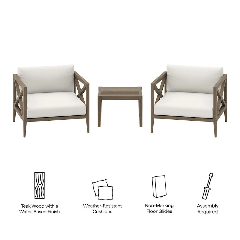 Northlake 3-Piece Outdoor Patio Teak Wood Furniture Set with Armchair and Side Table