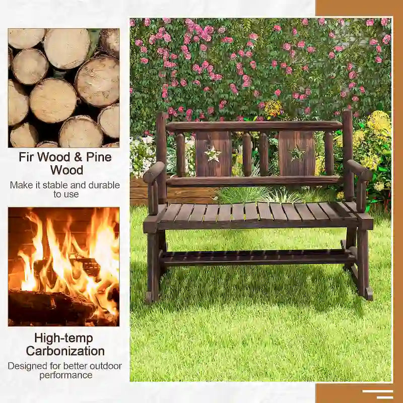 Gymax Outdoor Carbonized Wood Rocking Bench Double Rocking Chair for 2