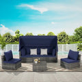 5-Piece Outdoor Patio Wicker Daybed Furniture Set with Retractable Canopy,Storable Side Table, and Soft Cushions