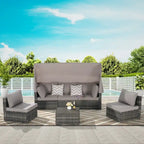 5-Piece Outdoor Patio Wicker Daybed Furniture Set with Retractable Canopy,Storable Side Table, and Soft Cushions