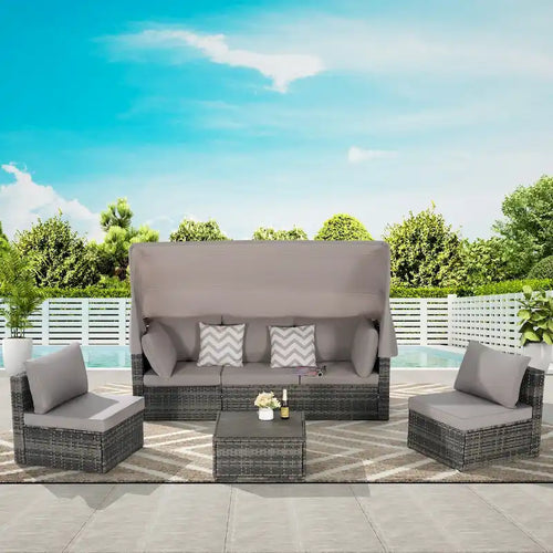 5-Piece Outdoor Patio Wicker Daybed Furniture Set with Retractable Canopy,Storable Side Table, and Soft Cushions